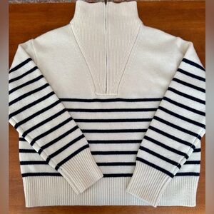 Nili Lotan Hester Nautical Striped 1/4 Zip Cashmere Sweater Cream and Black, M/L